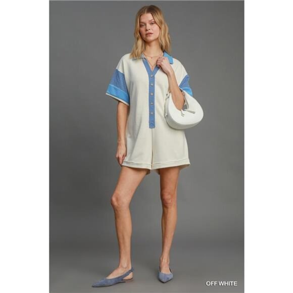 Umgee French Terry Collared Colorblock Romper - Picture 4 of 5